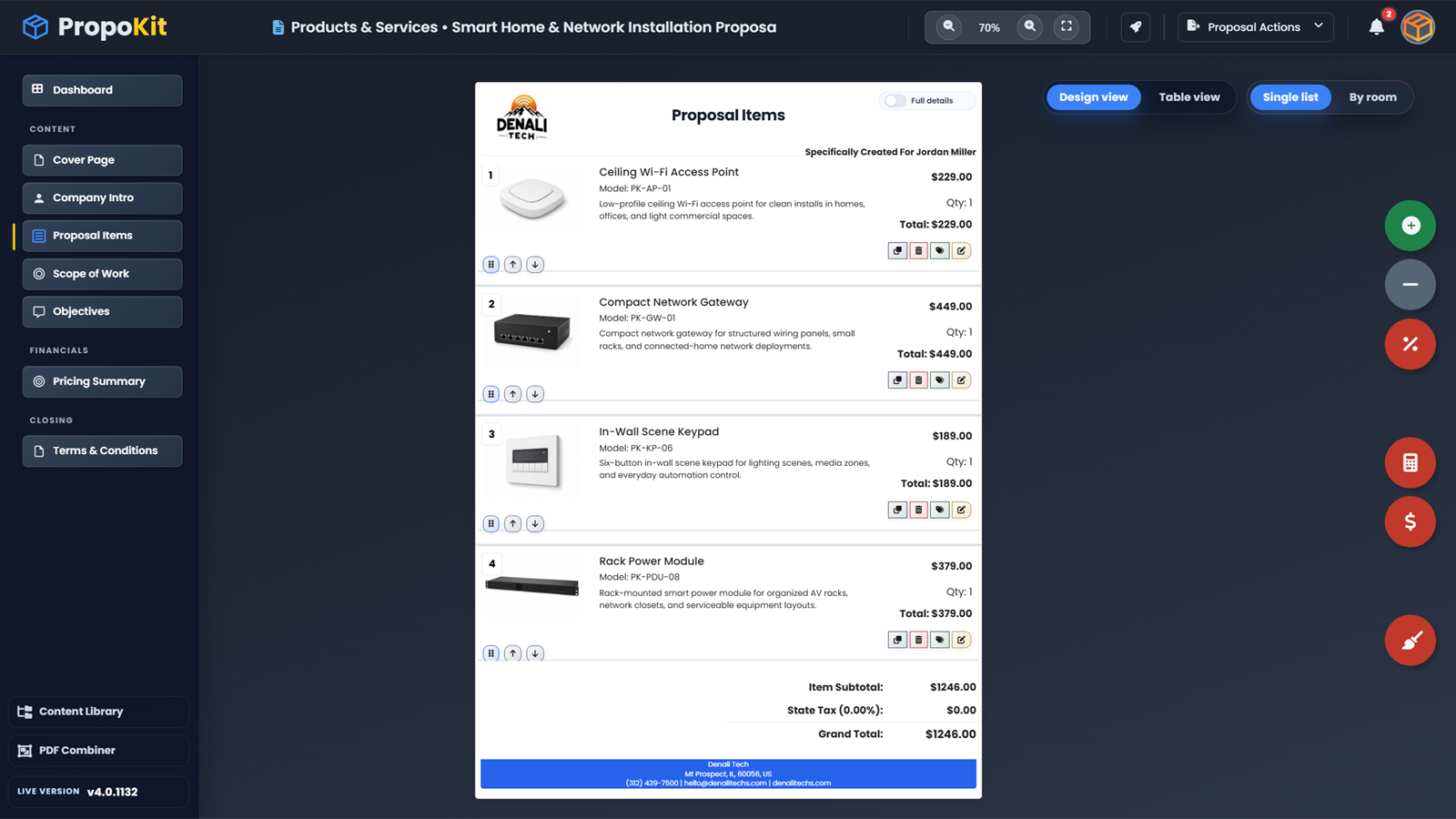 PropoKit proposal items page with saved products and services